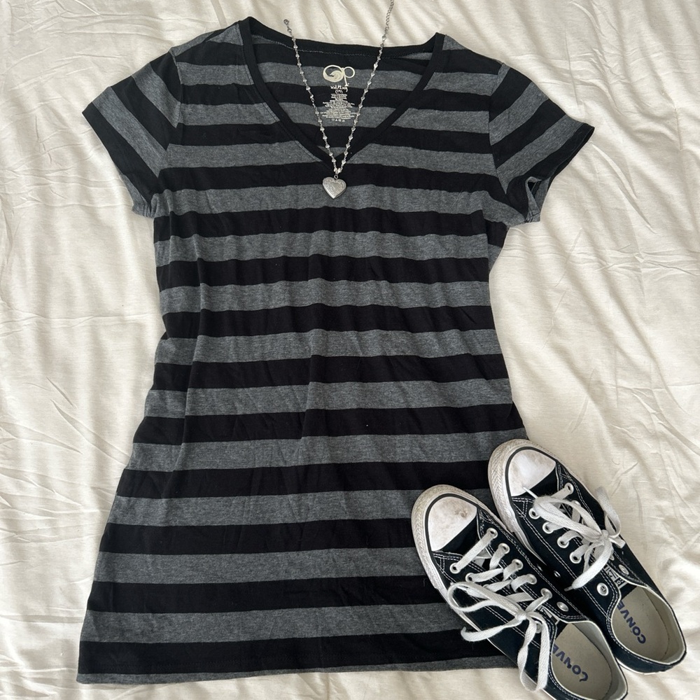 Y2K Grunge black and grey striped V-Neck